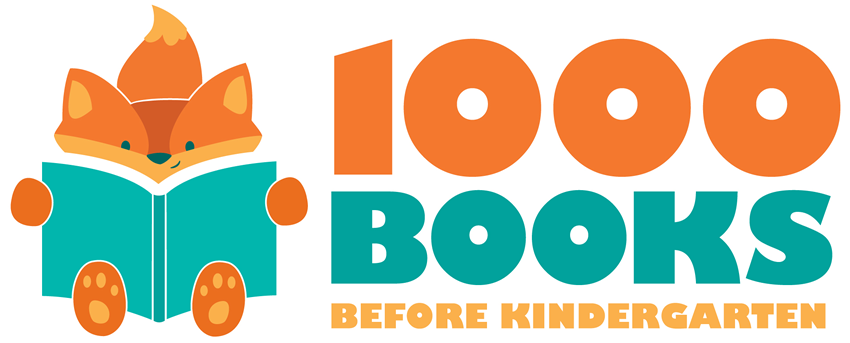 1000 books before kindergarten Logo of a cartoon fox reading a book with the banner, 1000 books before kindergarten